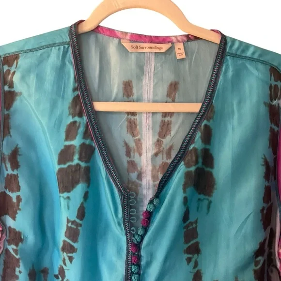 Soft Surroundings Silk Tie-Dye Tunic Top Blue Pink Sheer Button Front Size M - Picture 4 of 8